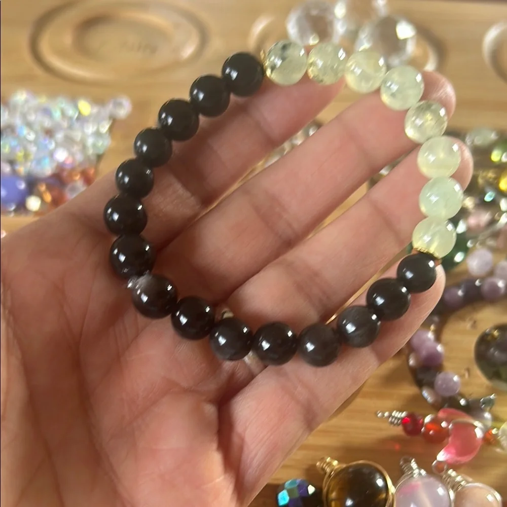 Handmade Prehnite + Black Obsidian Beaded Bracelet ✨
